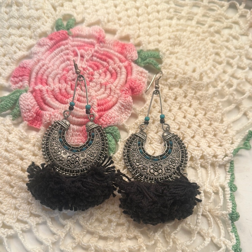 Silver and Black Filigree Tassel Earrings